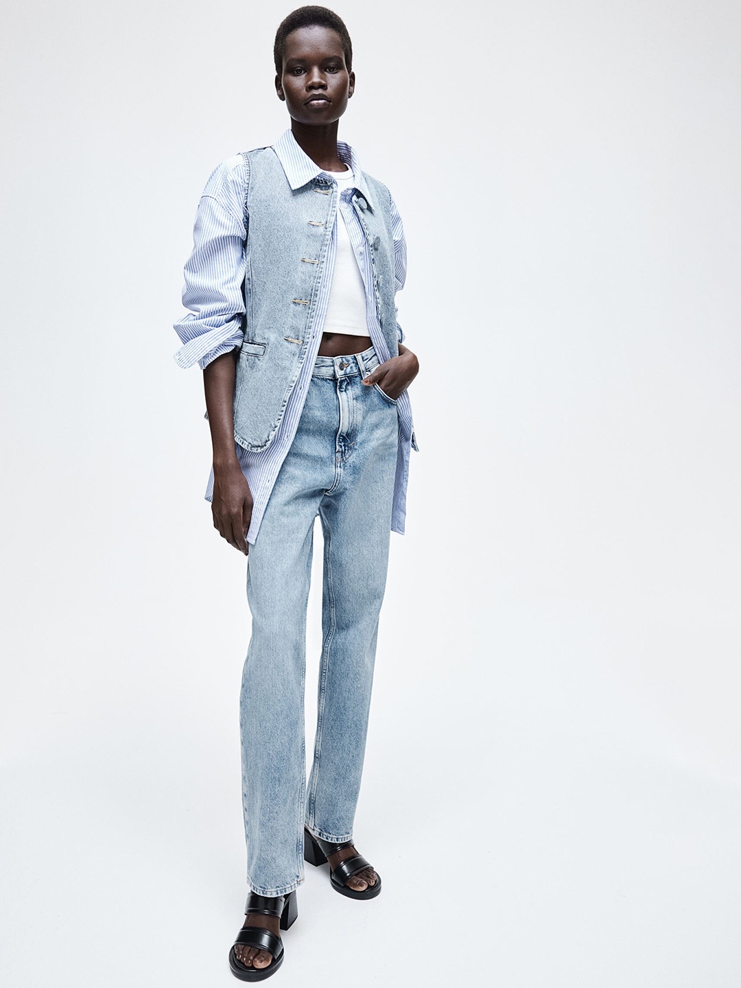 

H&M Women Pure Cotton Straight High Jeans, Blue
