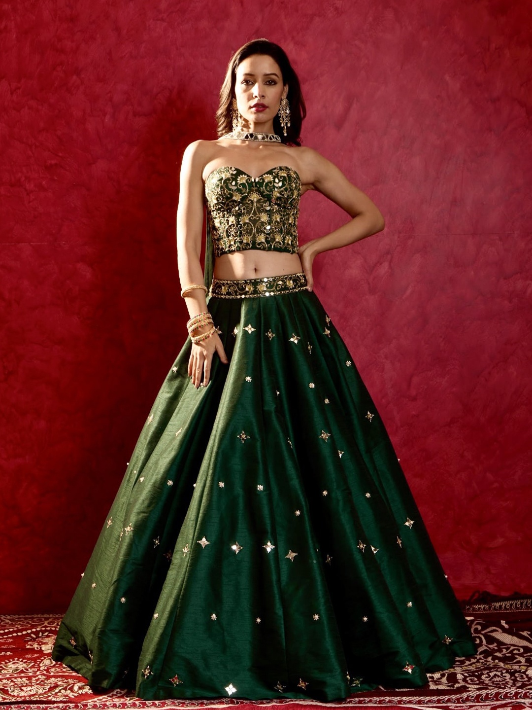 

Rashika Sharma Embroidered Mirror Work Made to Measure Lehenga & Blouse With Dupatta, Green