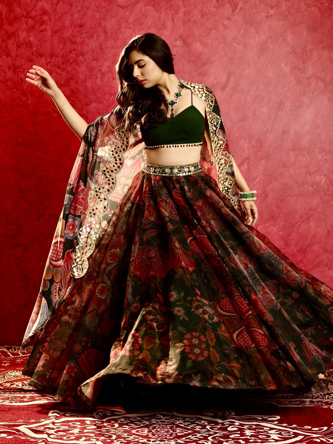 

Rashika Sharma Printed Mirror Work Made to Measure Lehenga & Blouse With Cape, Green