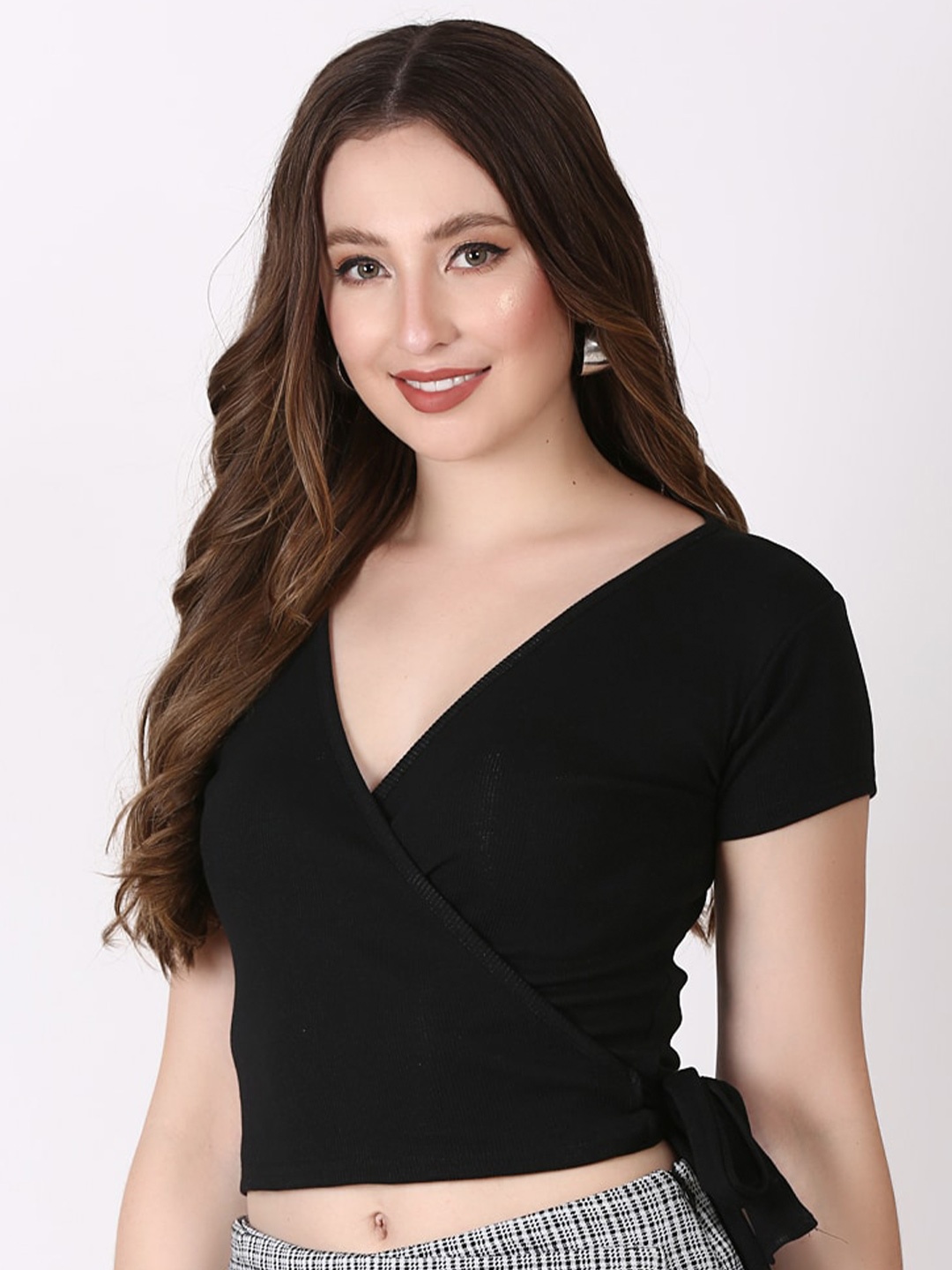 

SIGHTBOMB Cotton V-Neck Wrap Crop Top, Black