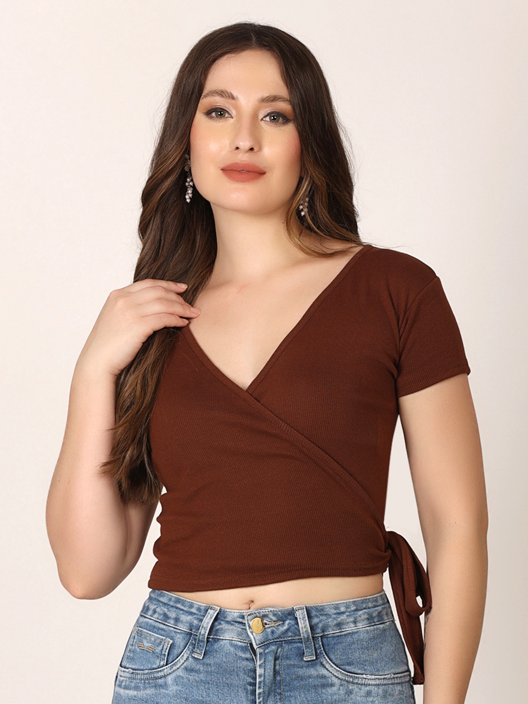 

SIGHTBOMB V-Neck Cotton Wrap Crop Top, Brown