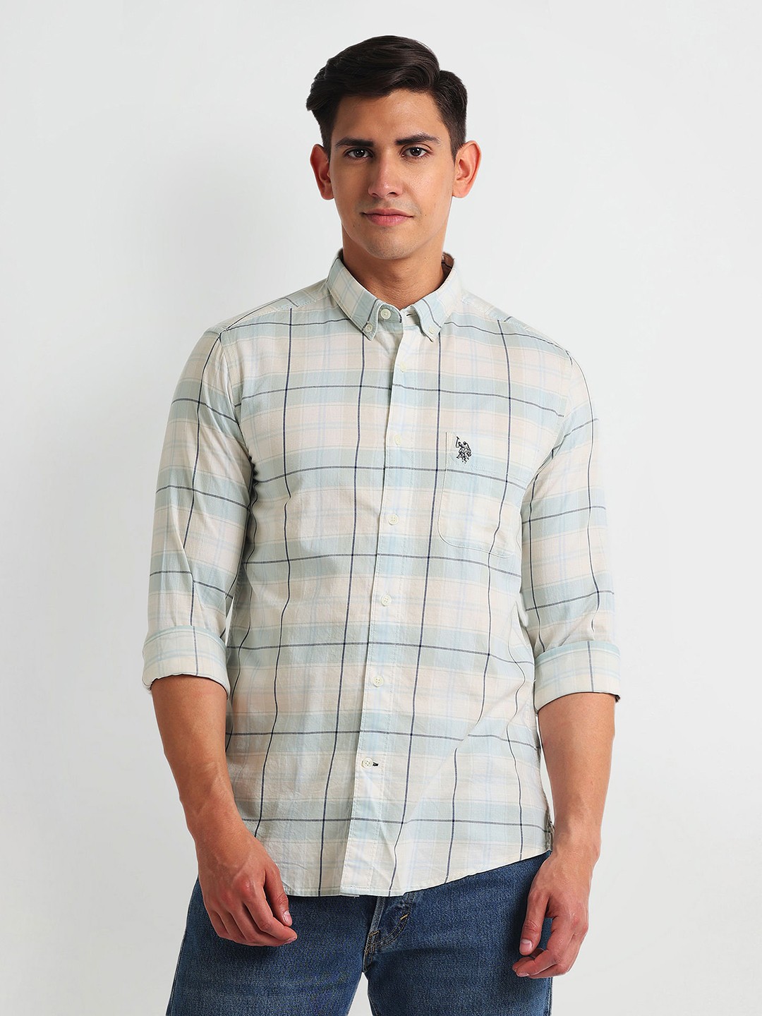 

U.S. Polo Assn. Denim Co. Slim Fit Windowpane Checks Opaque Twill Weave Casual Shirt, White