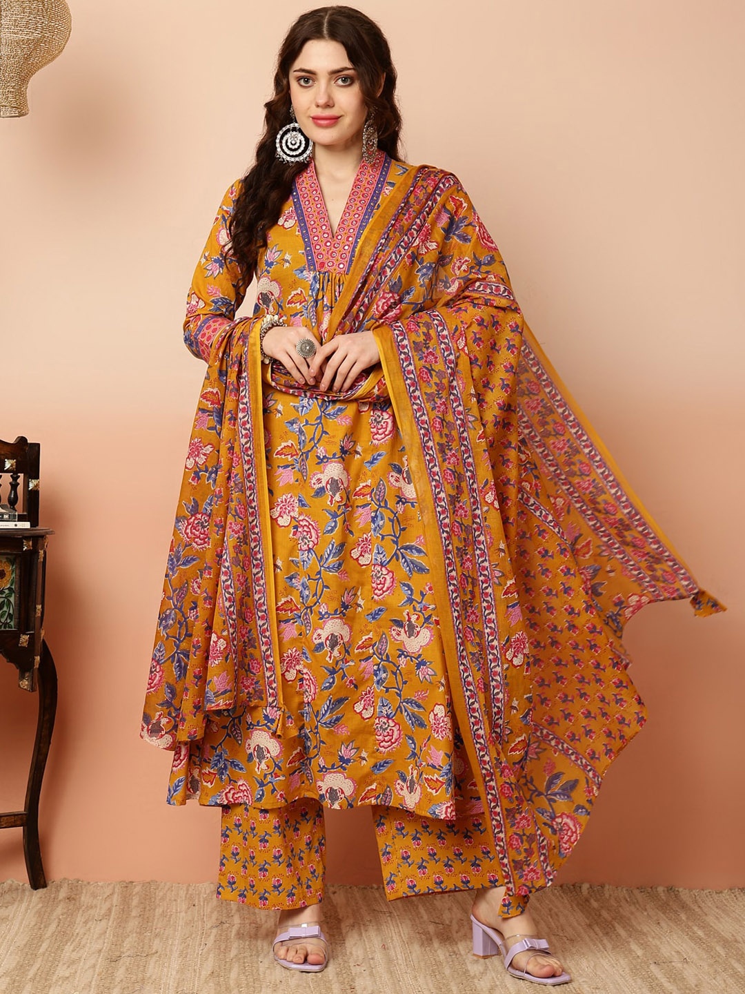 

GULMOHAR JAIPUR Floral Printed Regular Sequinned Pure Cotton Kurta with Palazzos & Dupatta, Mustard