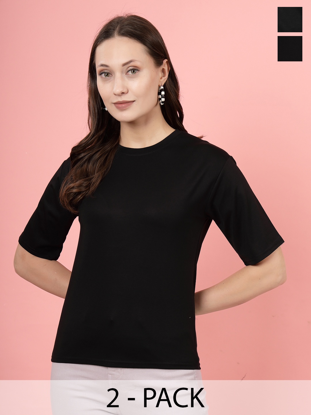 

Clora Creation Pack Of 2 Round Neck Three-Quarter Sleeves T-shirts, Black