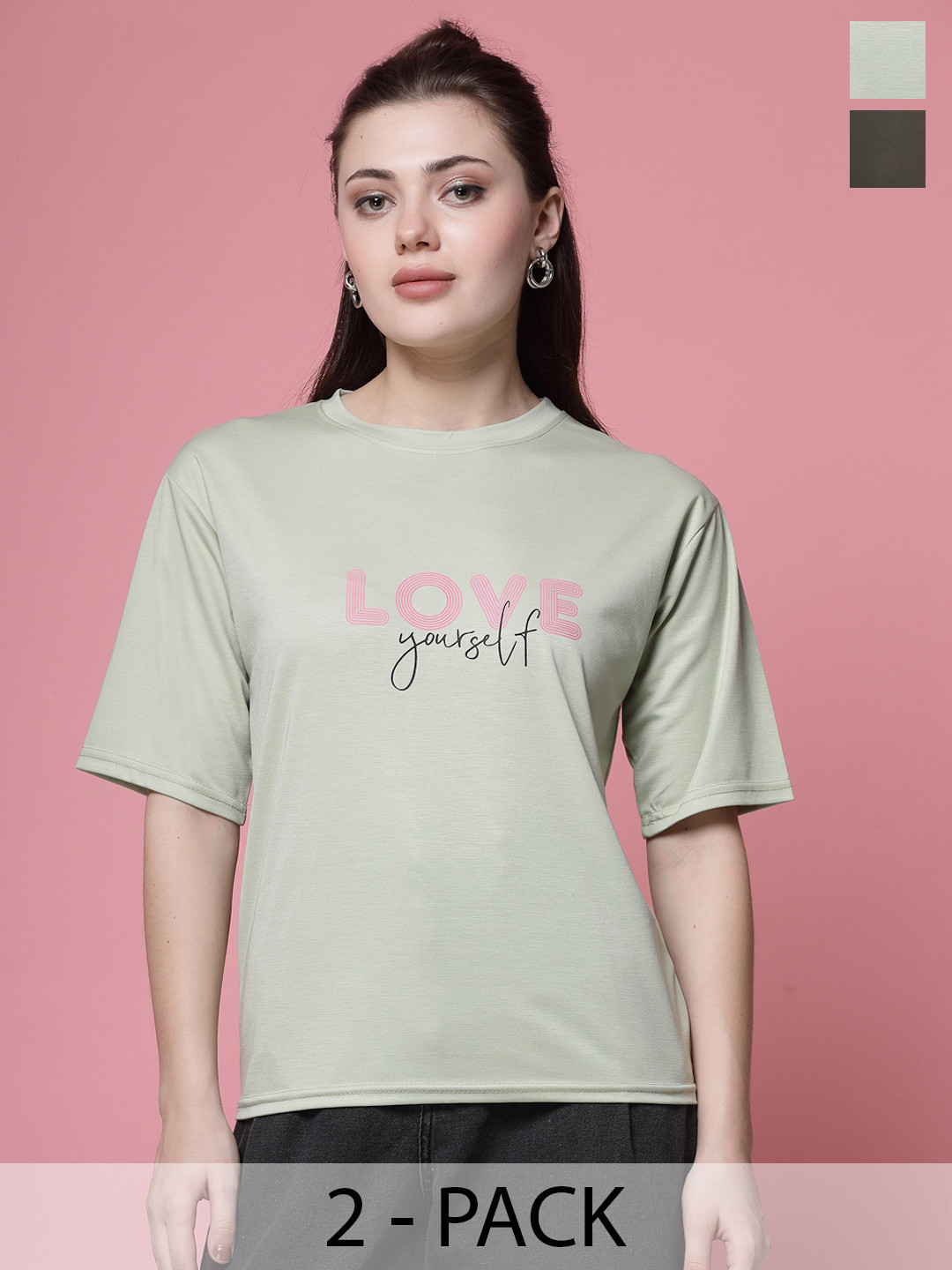 

Clora Creation Pack Of 2 Typography Printed Round Neck Short Sleeves T-shirts, Green