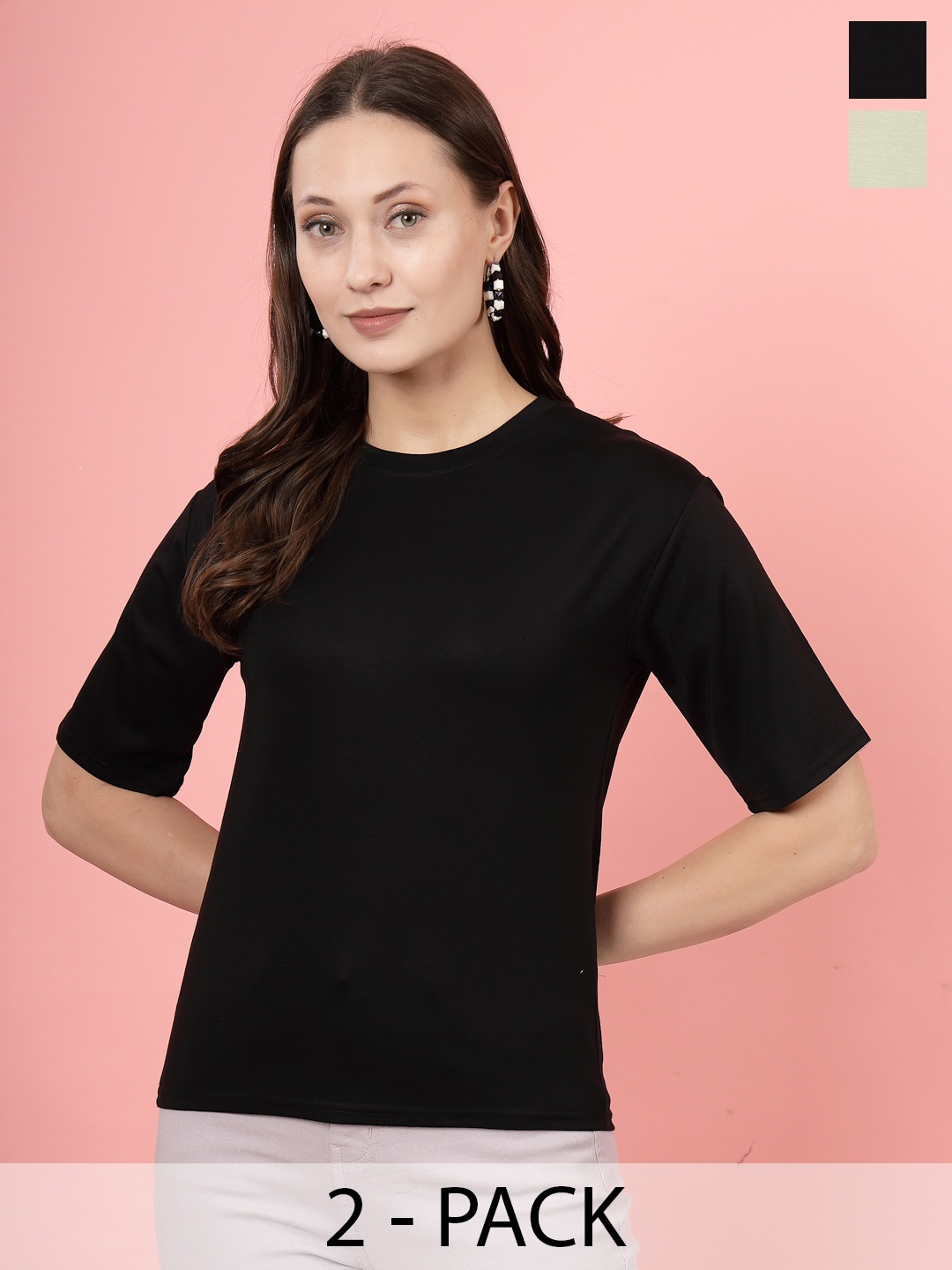 

Clora Creation Pack Of 2 Round Neck Three-Quarter Sleeves T-shirts, Black