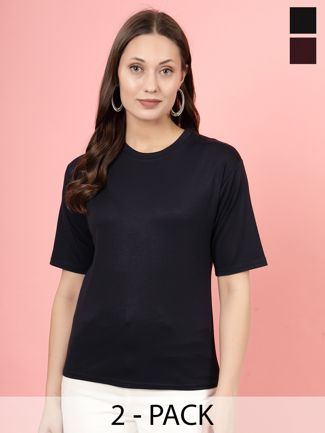

Clora Creation Pack Of 2 Round Neck Three-Quarter Sleeves T-shirts, Black