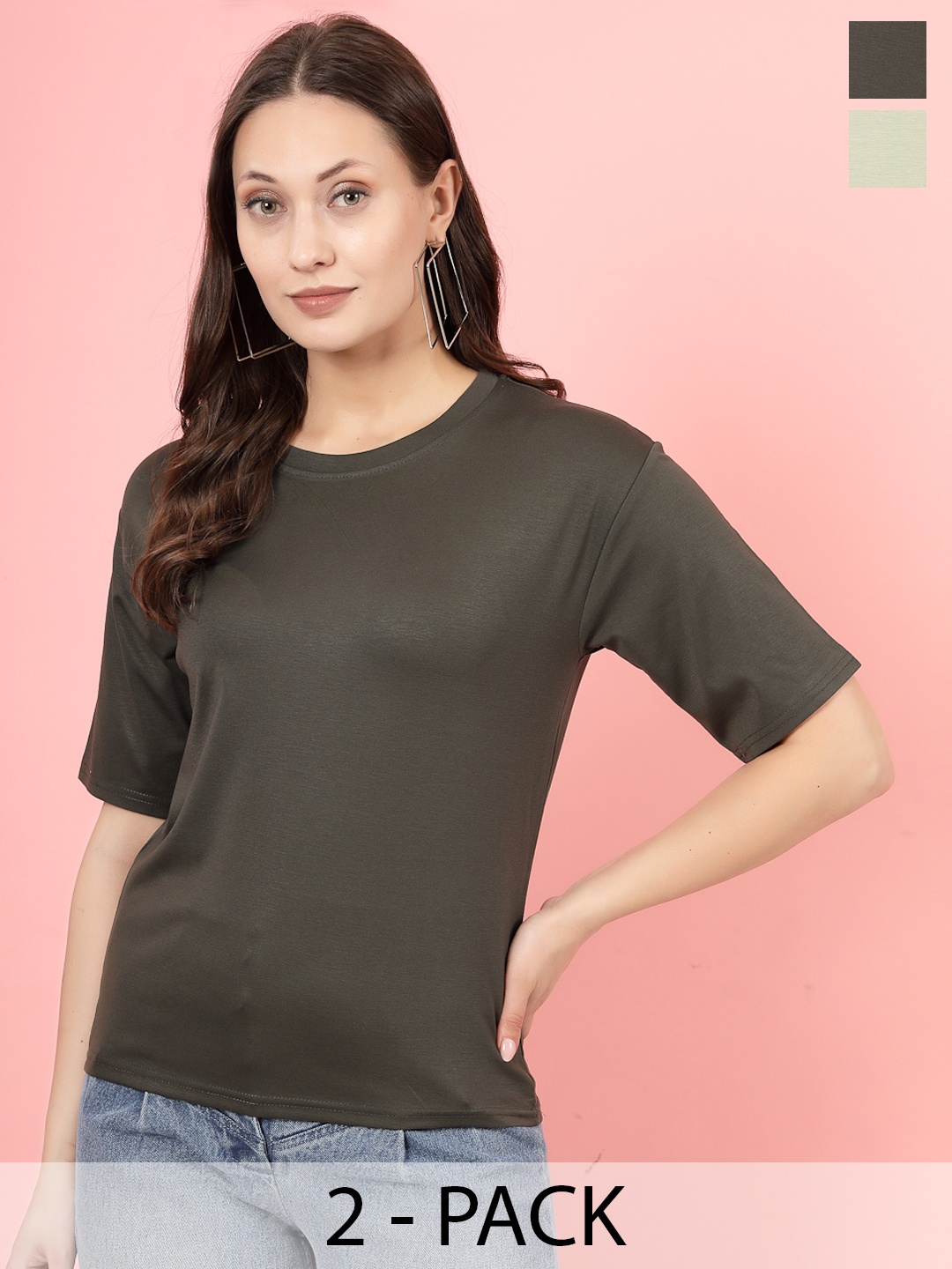

Clora Creation Pack Of 2 Round Neck Three-Quarter Sleeves T-shirts, Green