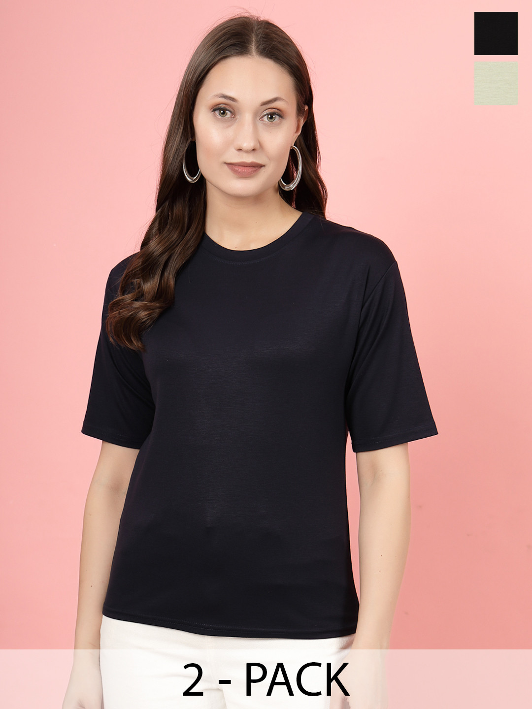 

Clora Creation Pack Of 2 Round Neck Three-Quarter Sleeves T-shirts, Black