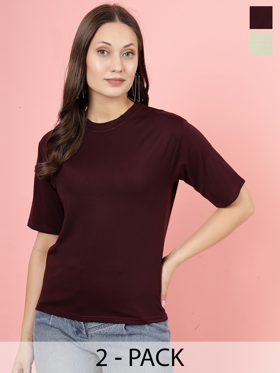 

Clora Creation Pack Of 2 Round Neck Three-Quarter Sleeves T-shirts, Red