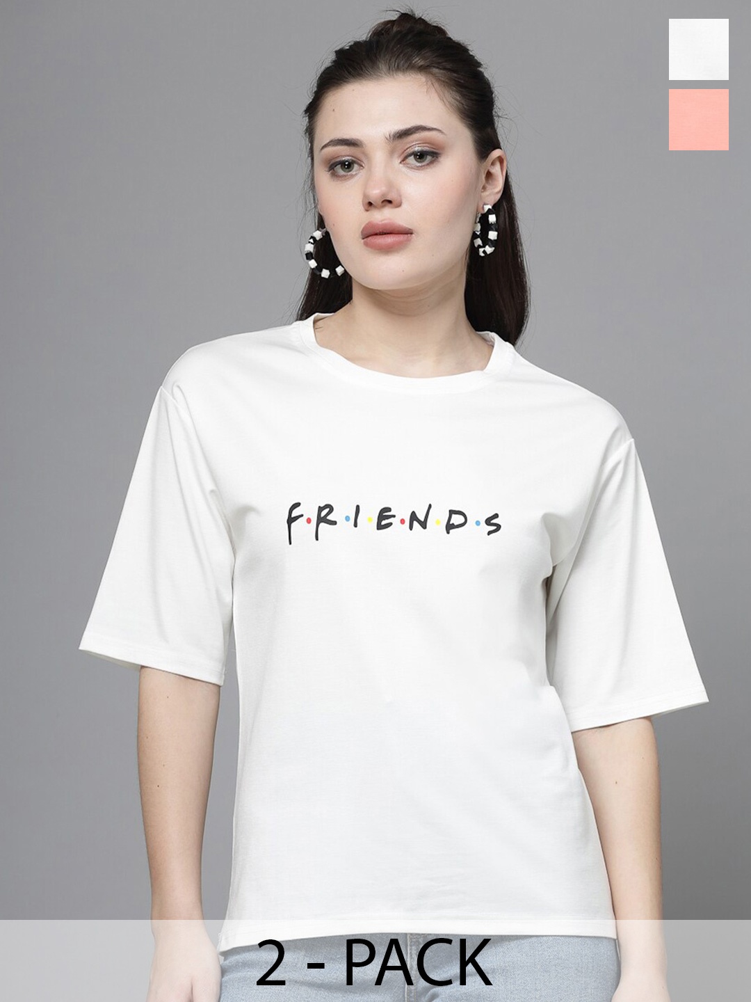 

Clora Creation Pack of 2 Mickey & Friends Printed Drop-Shoulder Sleeves Casual T-shirt, White