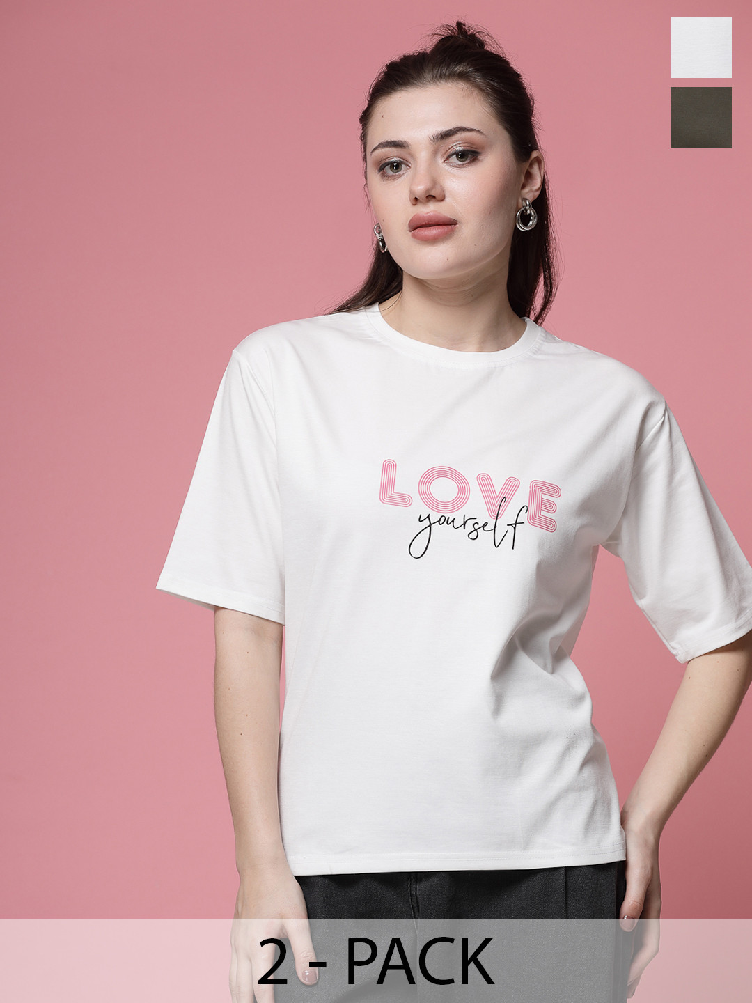 

Clora Creation Pack Of 2 Typography Printed Short Sleeves Applique Cotton T-shirt, White