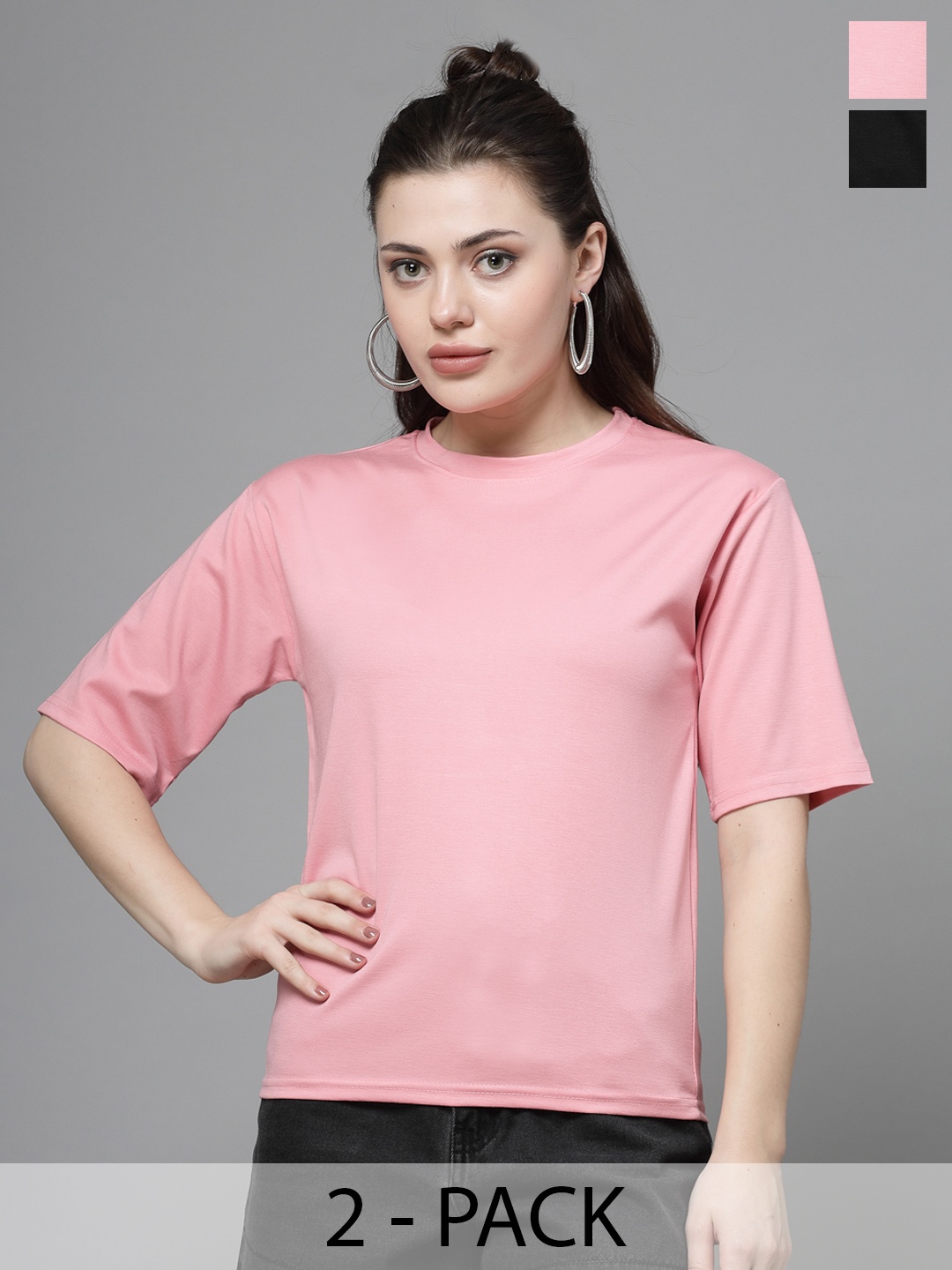 Clora Creation Pack Of 2 Short Sleeves Cotton T-shirt, Pink