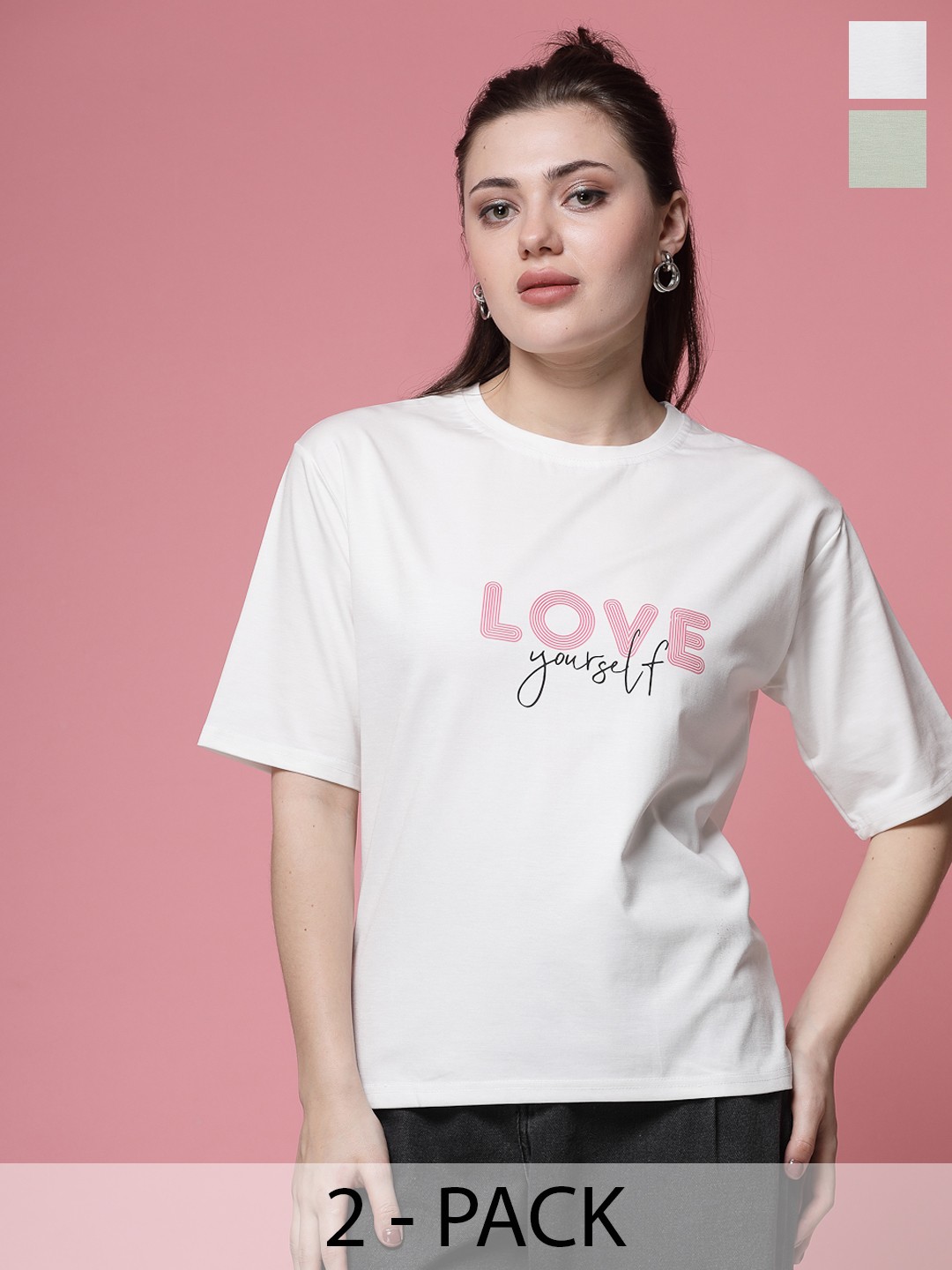 Clora Creation Pack Of 2 Typography Printed Short Sleeves Applique Cotton T-shirt, White