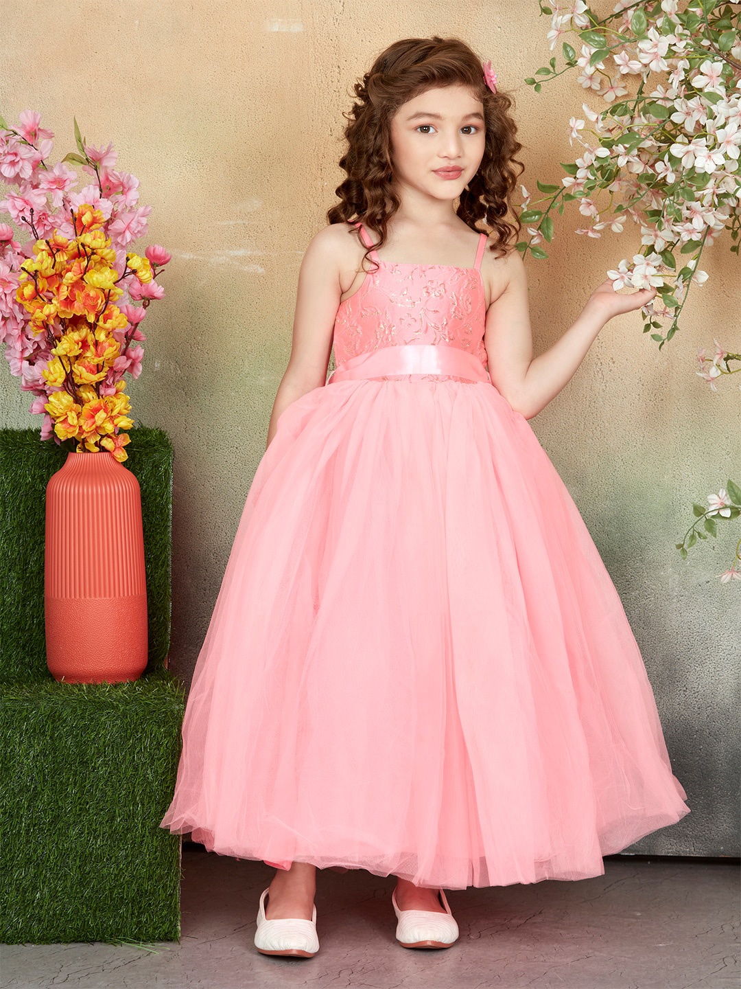 

Lil Peacock Girls Embellished Shoulder Straps Maxi Dress, Pink