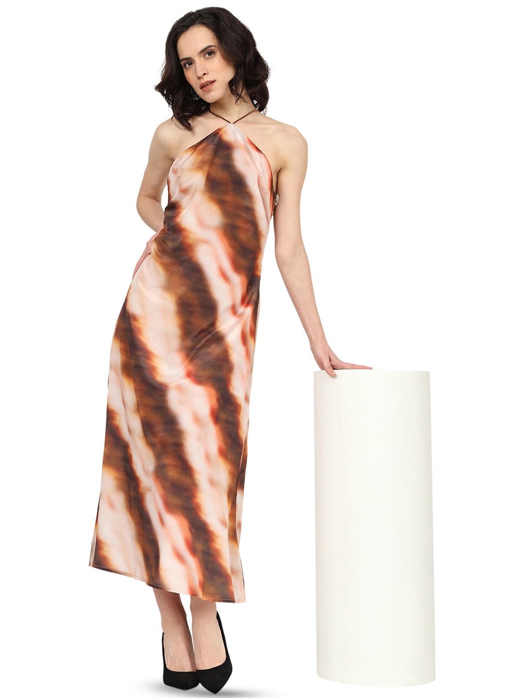 

KALINI Tie And Dye Printed Halter Neck Maxi Dress, Brown