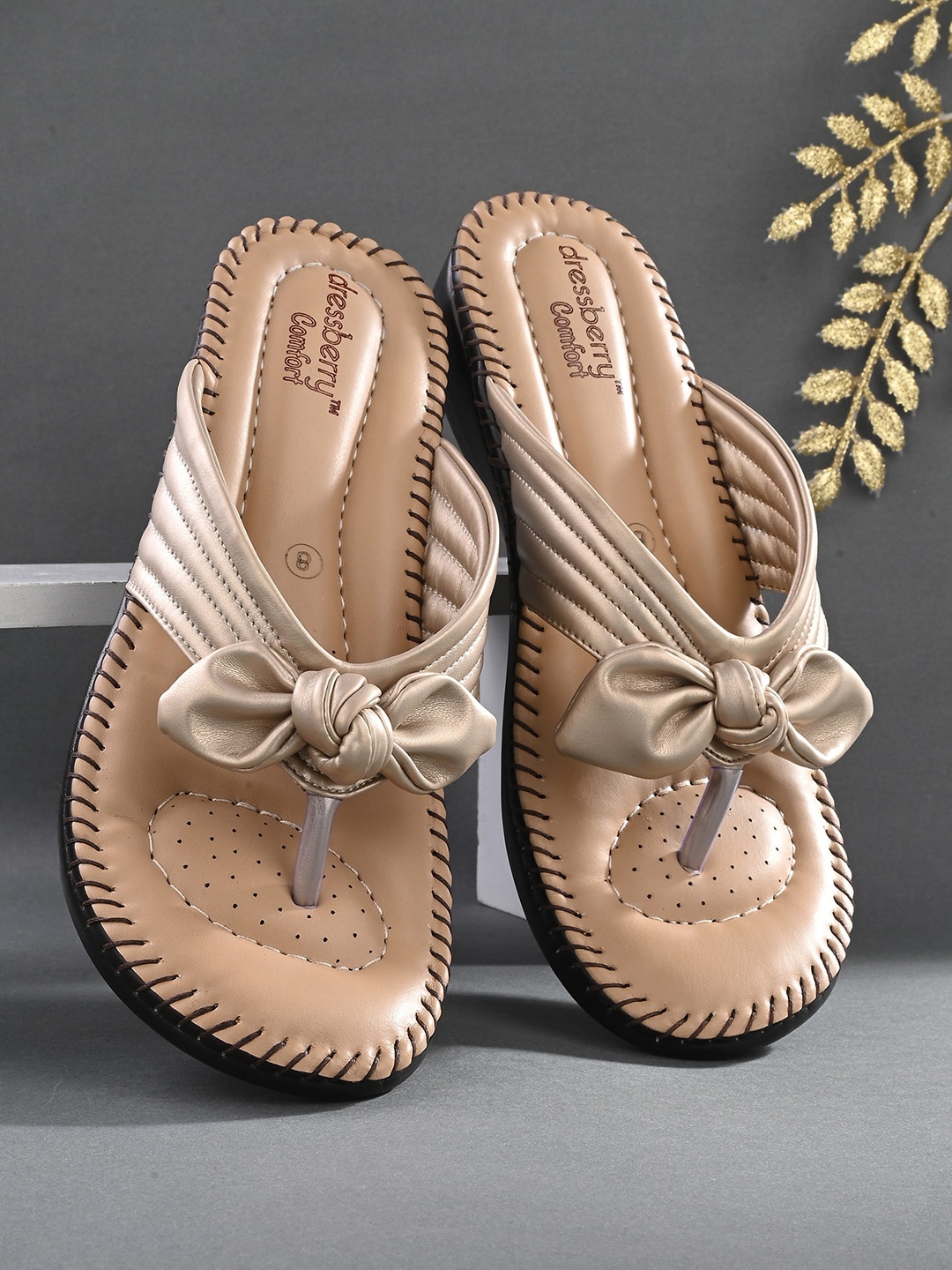 

DressBerry Beige Striped Open Toe Bows T-Strap Flats