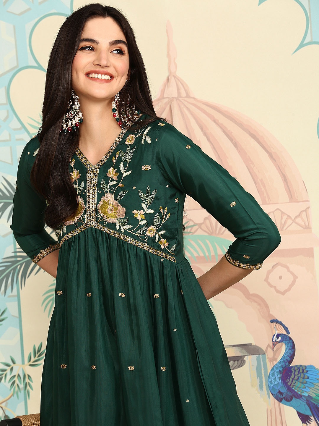 

Ishin Green Floral Embroidered Thread Work Empire A-Line Kurta With Trousers