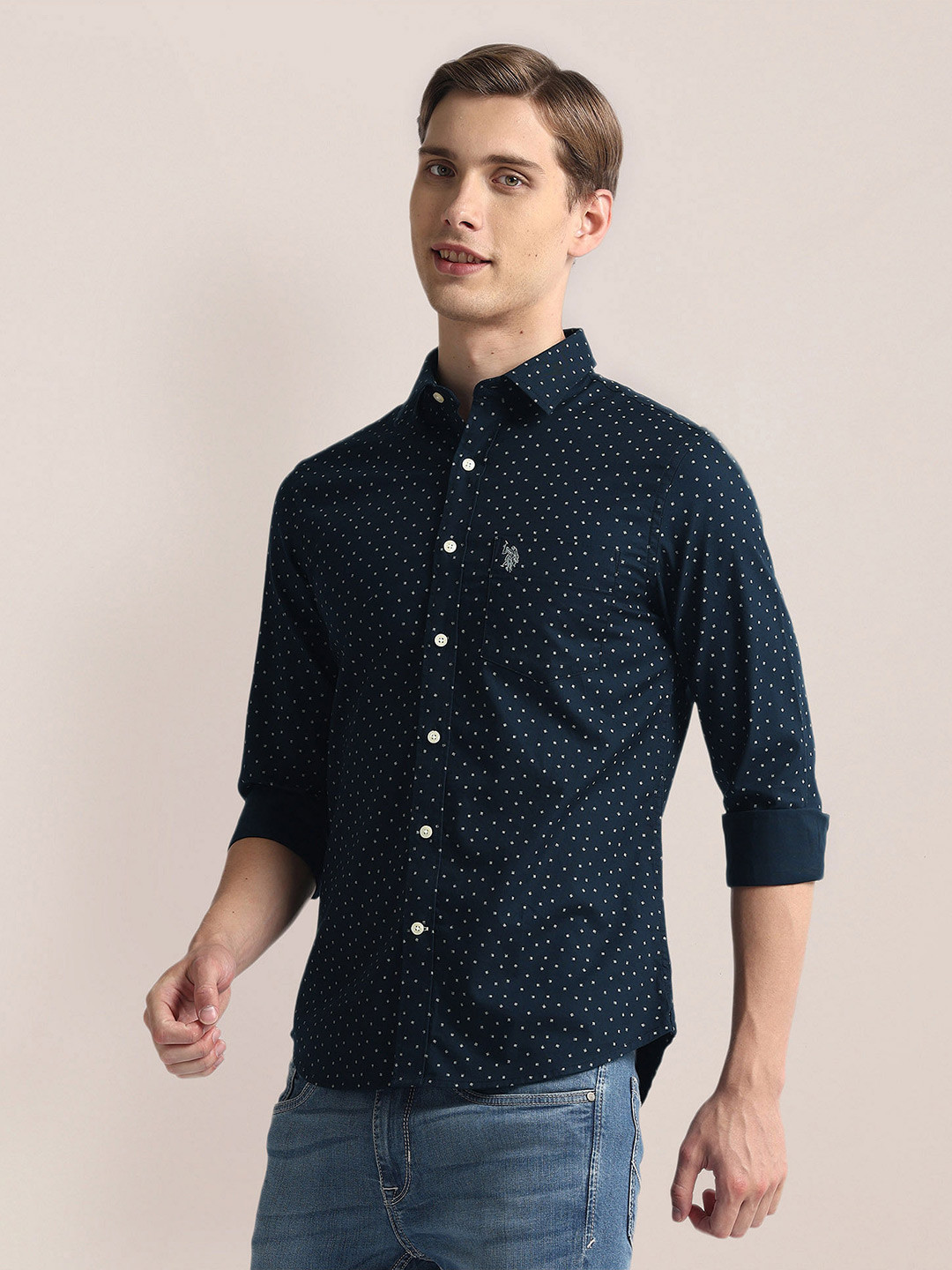

U.S. Polo Assn. Micro Ditsy Printed Spread Collar Tailored Fit Casual Shirt, Blue