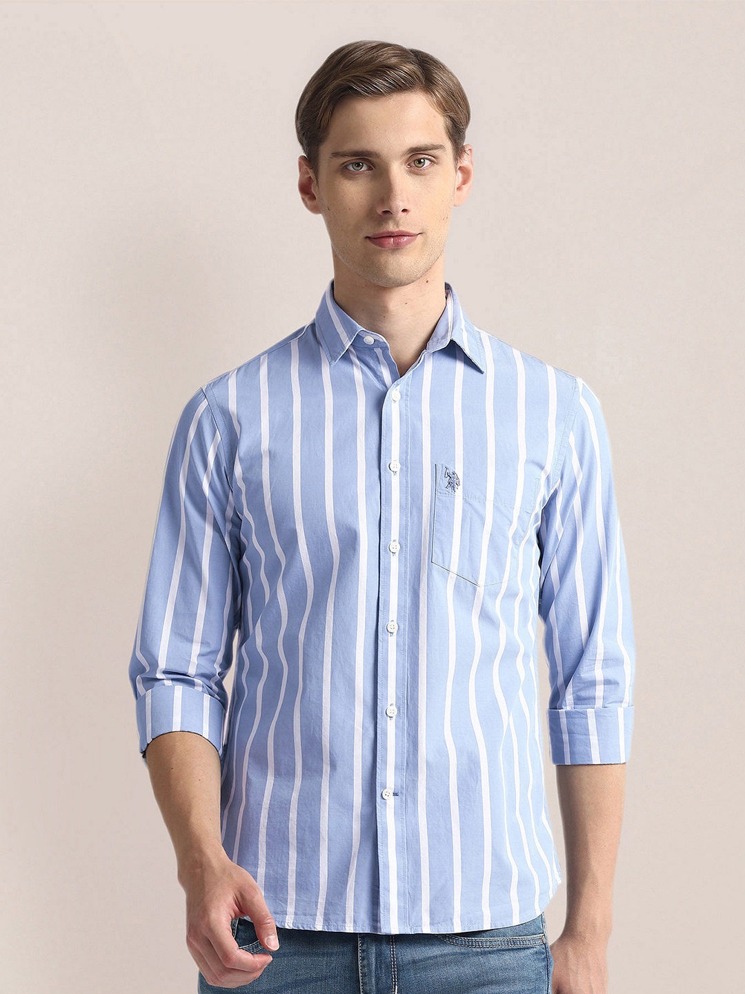 

U.S. Polo Assn. Vertical Striped Tailored Fit Twill Casual Shirt, Blue