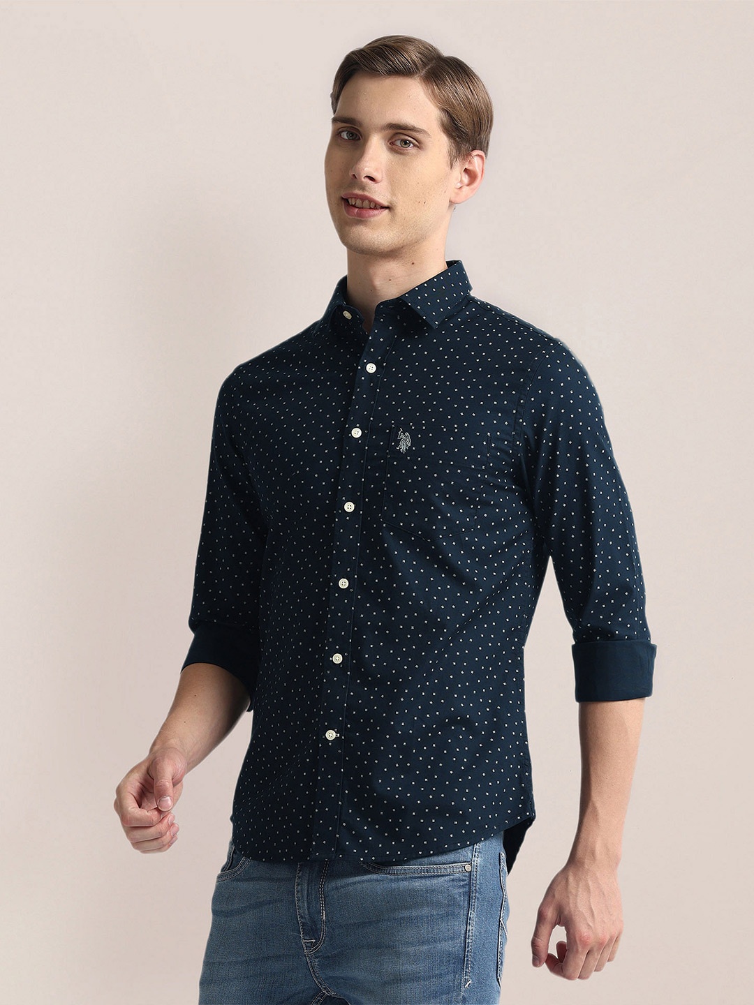 

U.S. Polo Assn. Micro Ditsy Printed Spread Collar Curved Casual Shirt, Blue