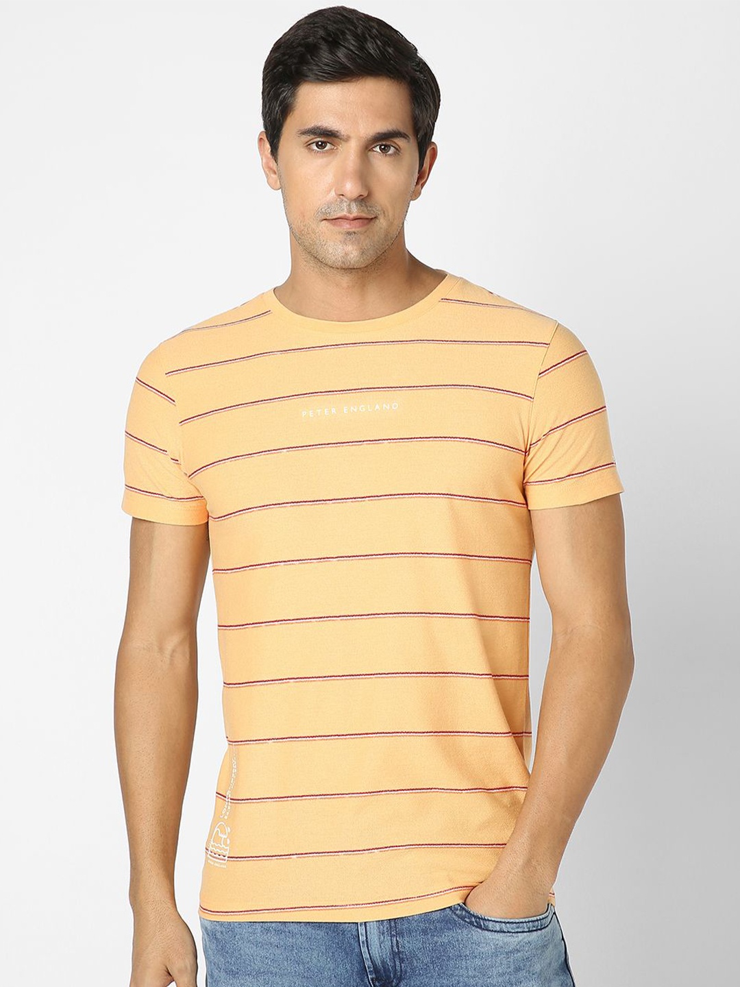 

Peter England Casuals Men Striped Slim Fit T-shirt, Yellow