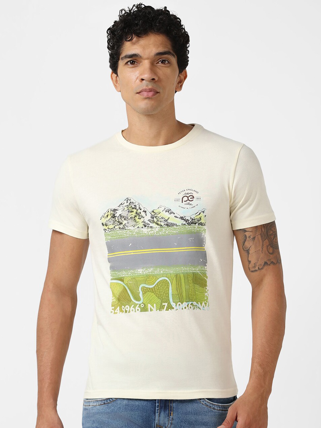 

Peter England Casuals Men Typography Printed Slim Fit T-shirt, Cream
