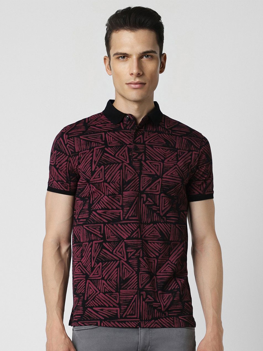 

V Dot Men Printed Polo Collar Slim Fit T-shirt, Maroon