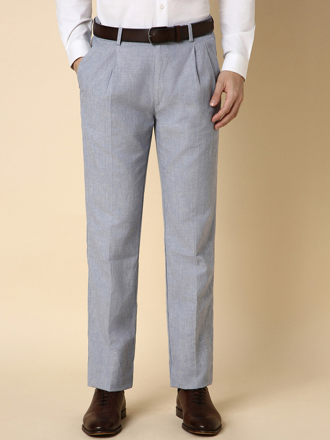

Allen Solly Men Textured Self Design Mid-Rise Pleated Formal Trouser, Blue