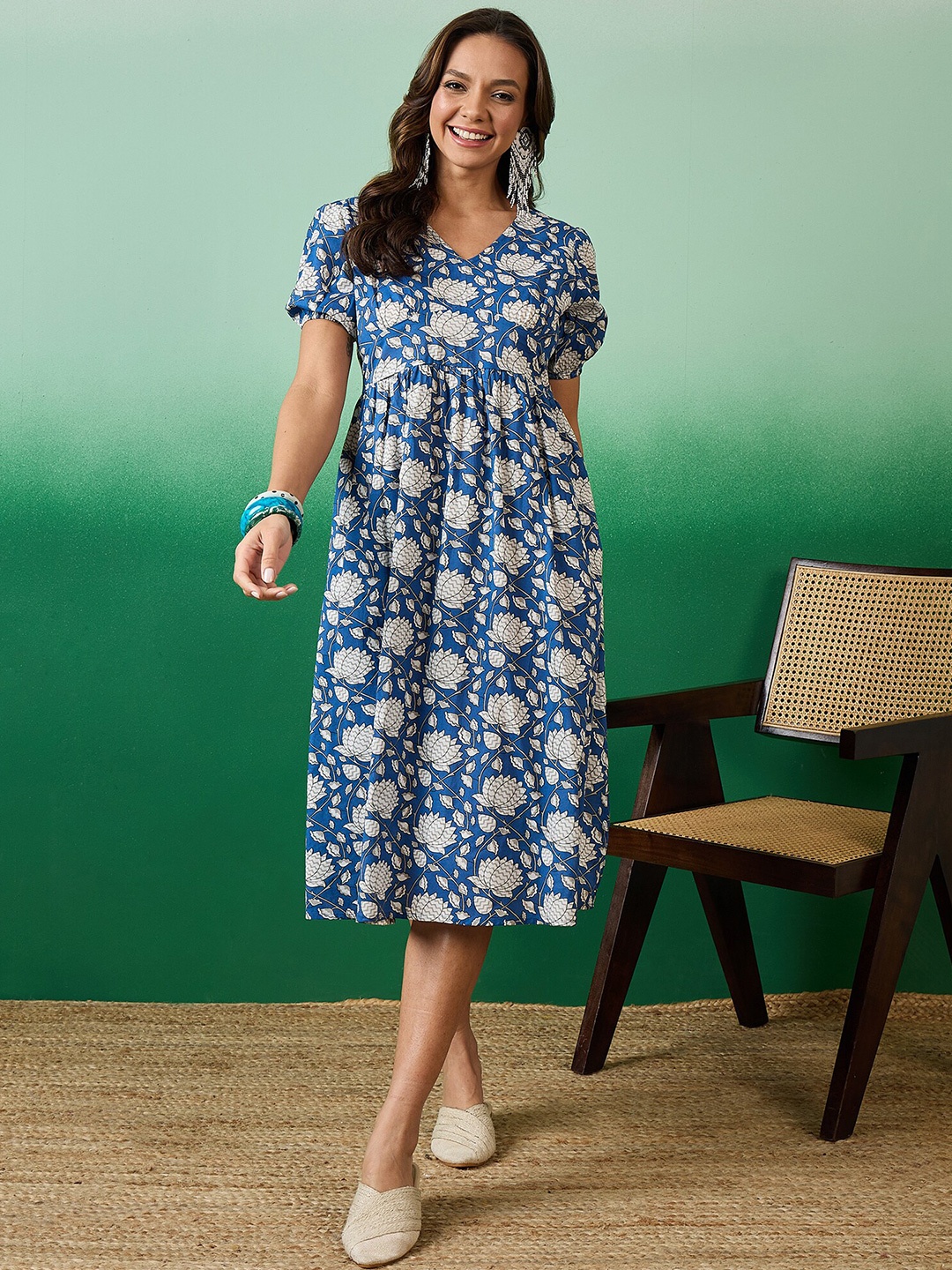 

Sangria Floral Printed Pure Cotton Fit & Flare Dress, Blue