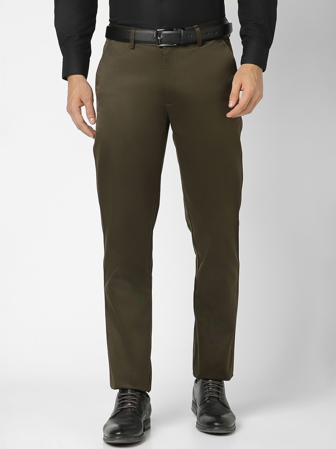 

Peter England Casuals Men Mid-Rise Zip Flat-Front Slim Fit Formal Trouser, Olive