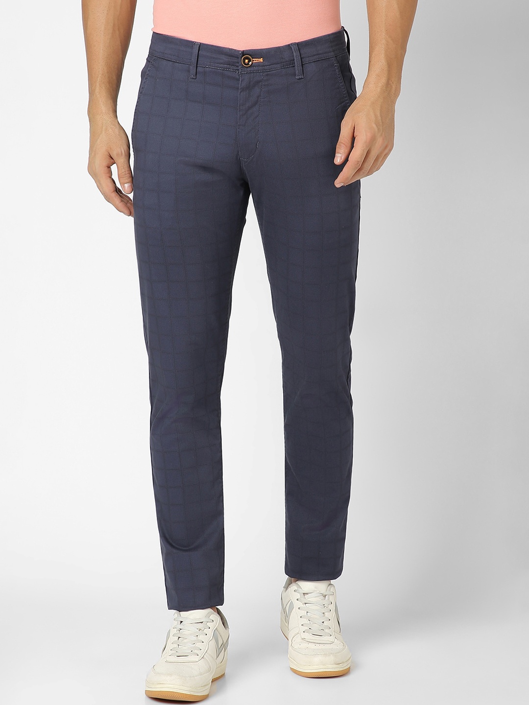 

Peter England Casuals Men Checked Slim Fit Cotton Chinos Trousers, Navy blue