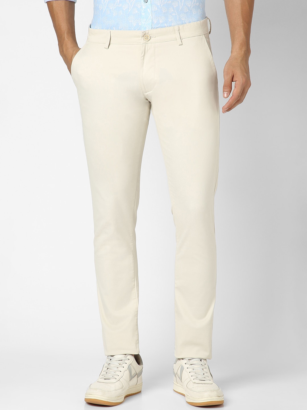 

Peter England Casuals Men Mid-Rise Cotton Zip Flat-Front Skinny Fit Trouser, Cream