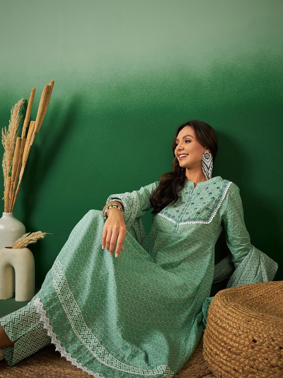 

Sangria Floral Embroidered Pure Cotton Band Collar Anarkali Kurta With Trousers & Dupatta, Green