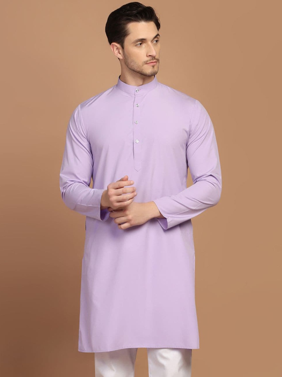

TAHVO Long Sleeves Mandarin Collar Cotton Thread Work Kurta, Purple
