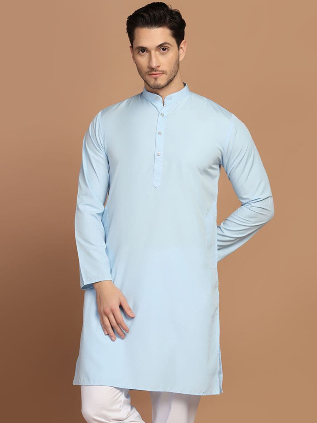 

TAHVO Mandarin Collar Long Sleeves Straight Kurta, Blue