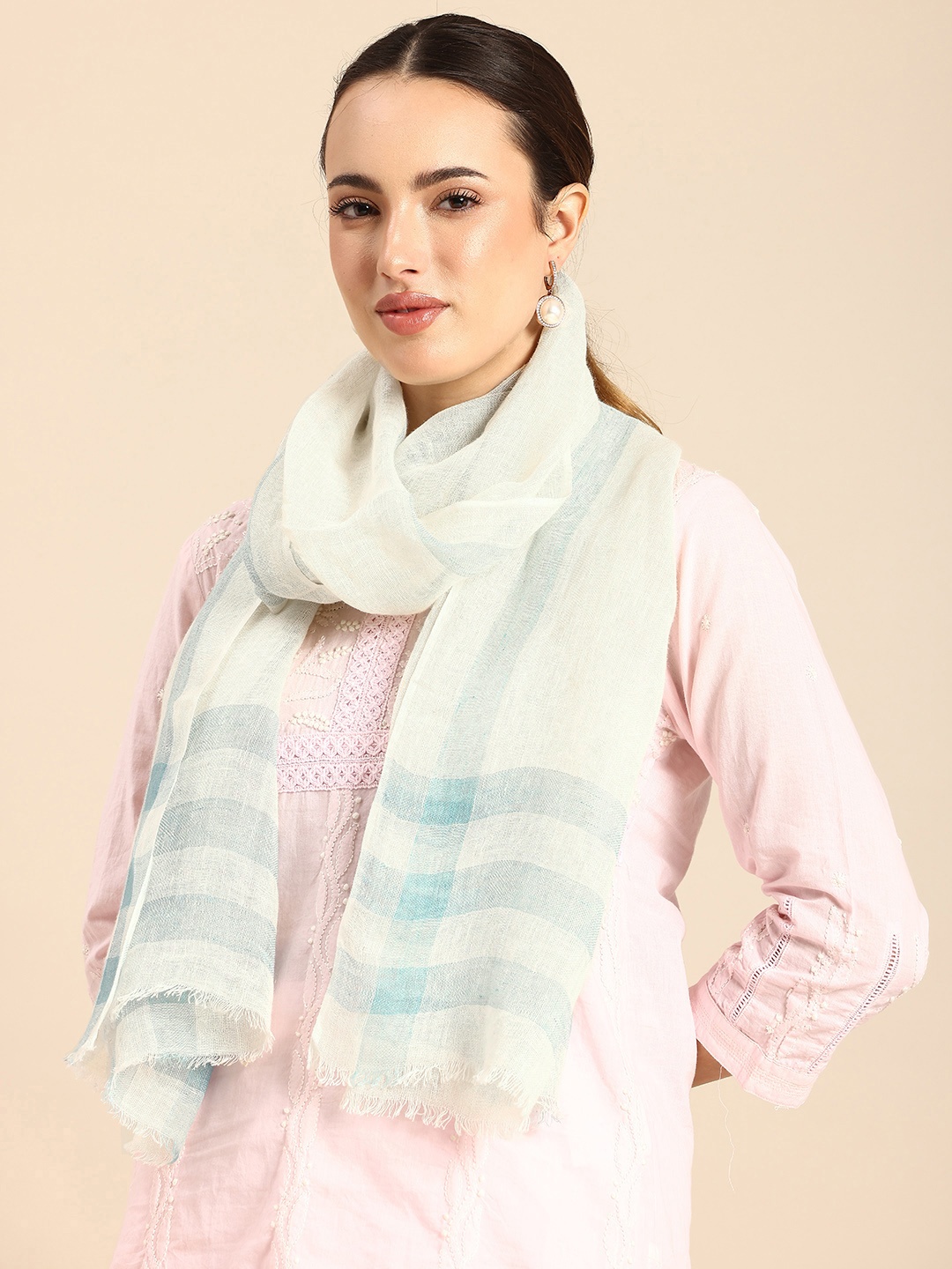 

ASVA Women Checked Linen Scarf, White