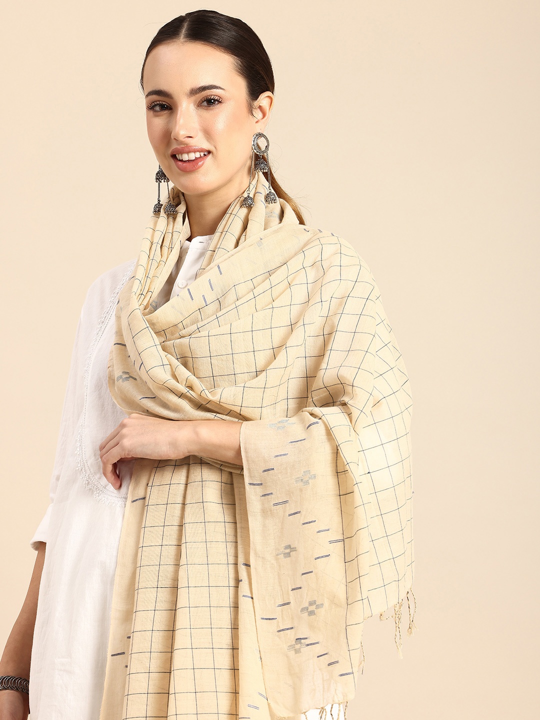 

ASVA Women Checked Jamdani Scarf, Beige