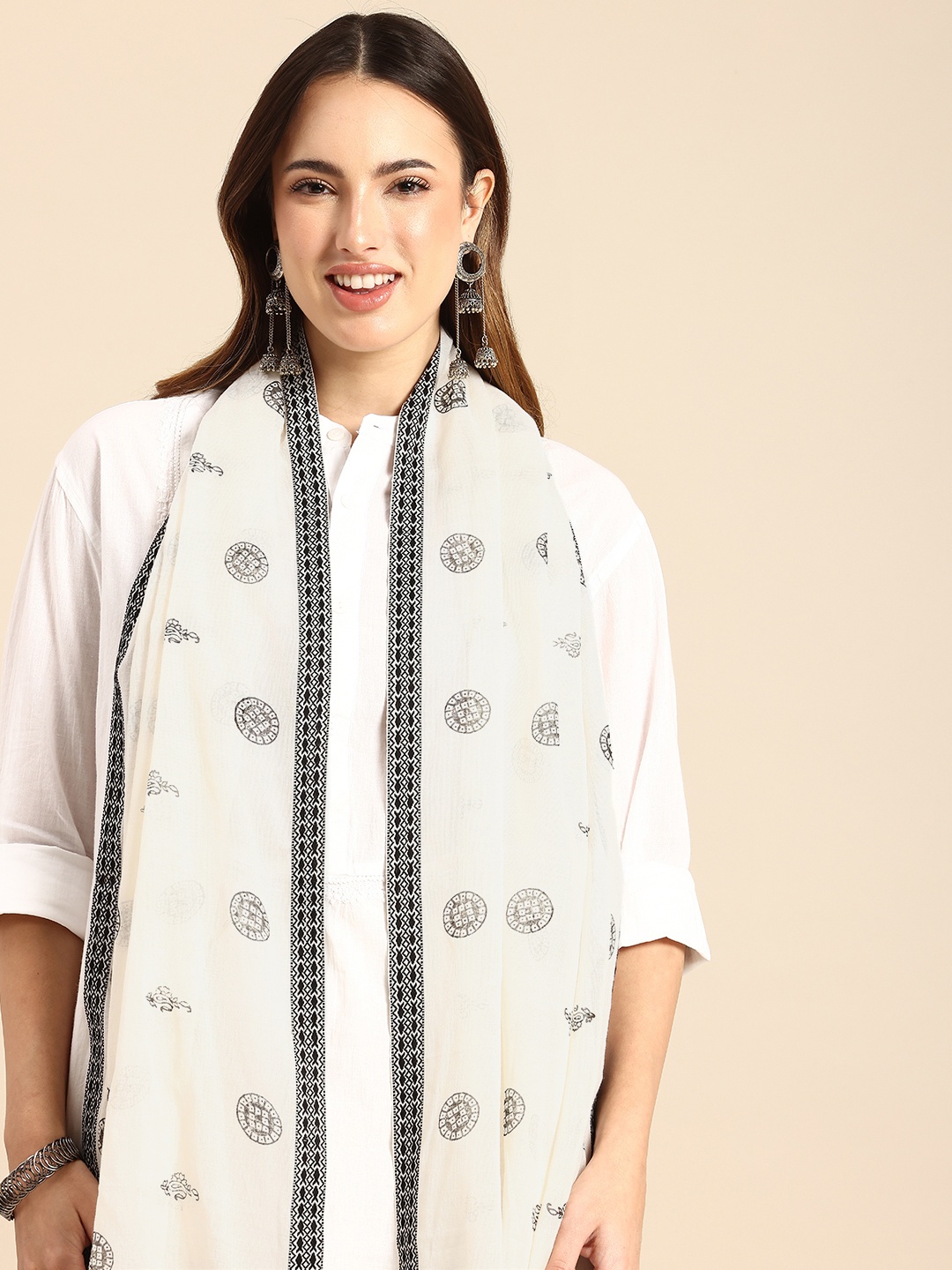 

ASVA Women Printed Cotton Scarf, Off white