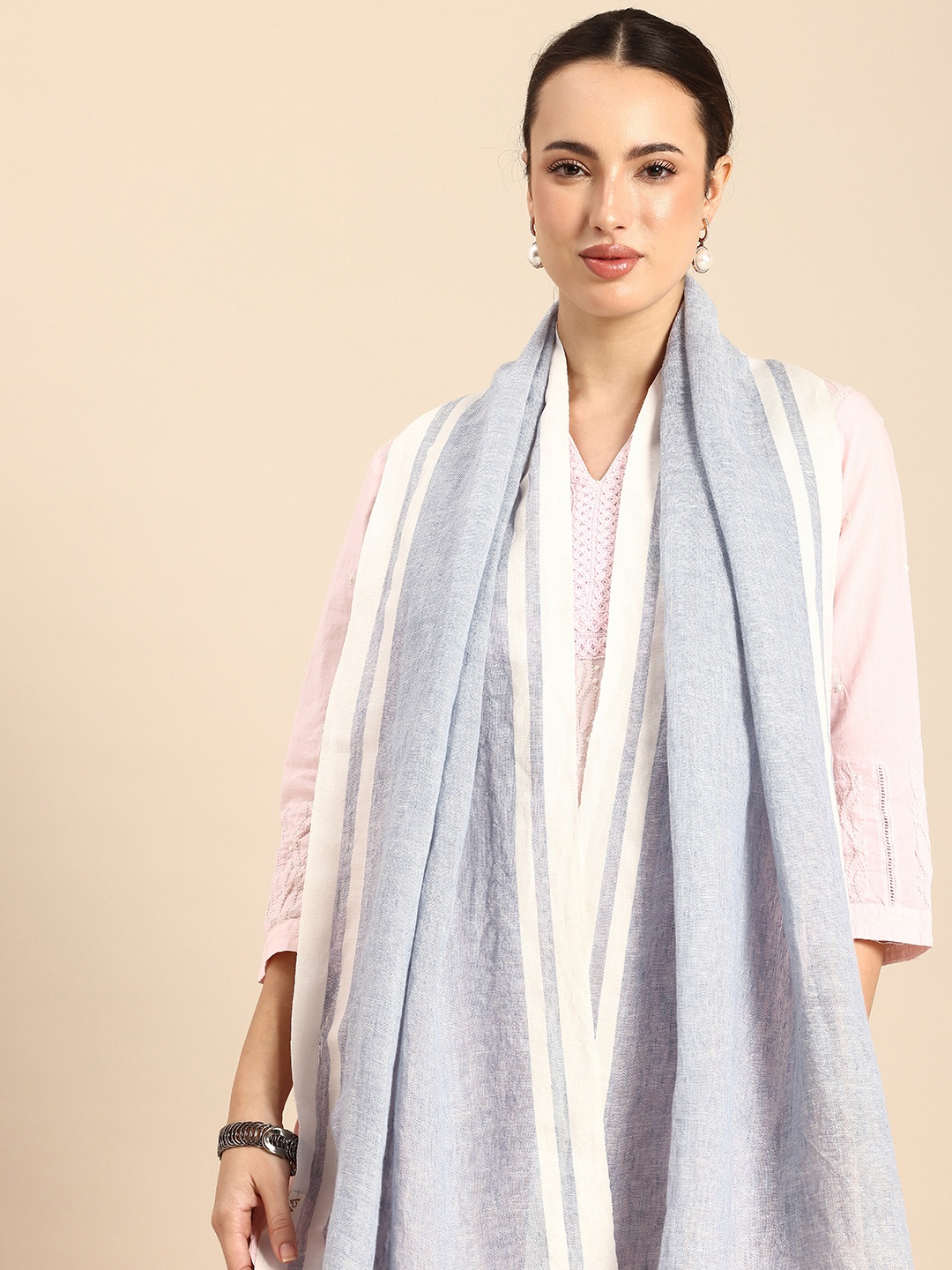 

ASVA Linen Scarf With Striped Detail, Blue