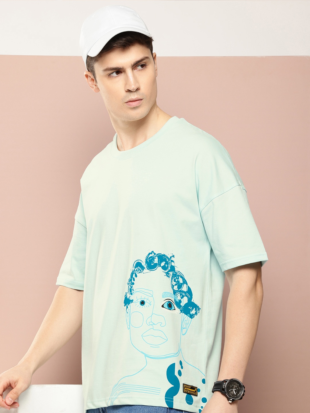 

Stormborn Men Printed Drop-Shoulder Sleeves Oversized Pure Cotton T-shirt, Blue