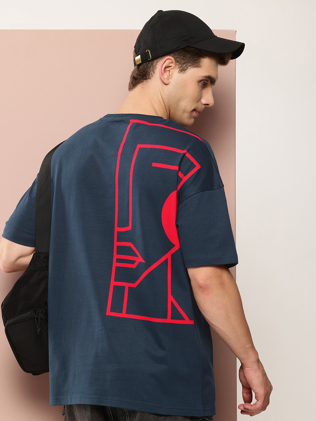 

Stormborn Men Printed Oversized Drop-Shoulder Pure Cotton T-shirt, Navy blue