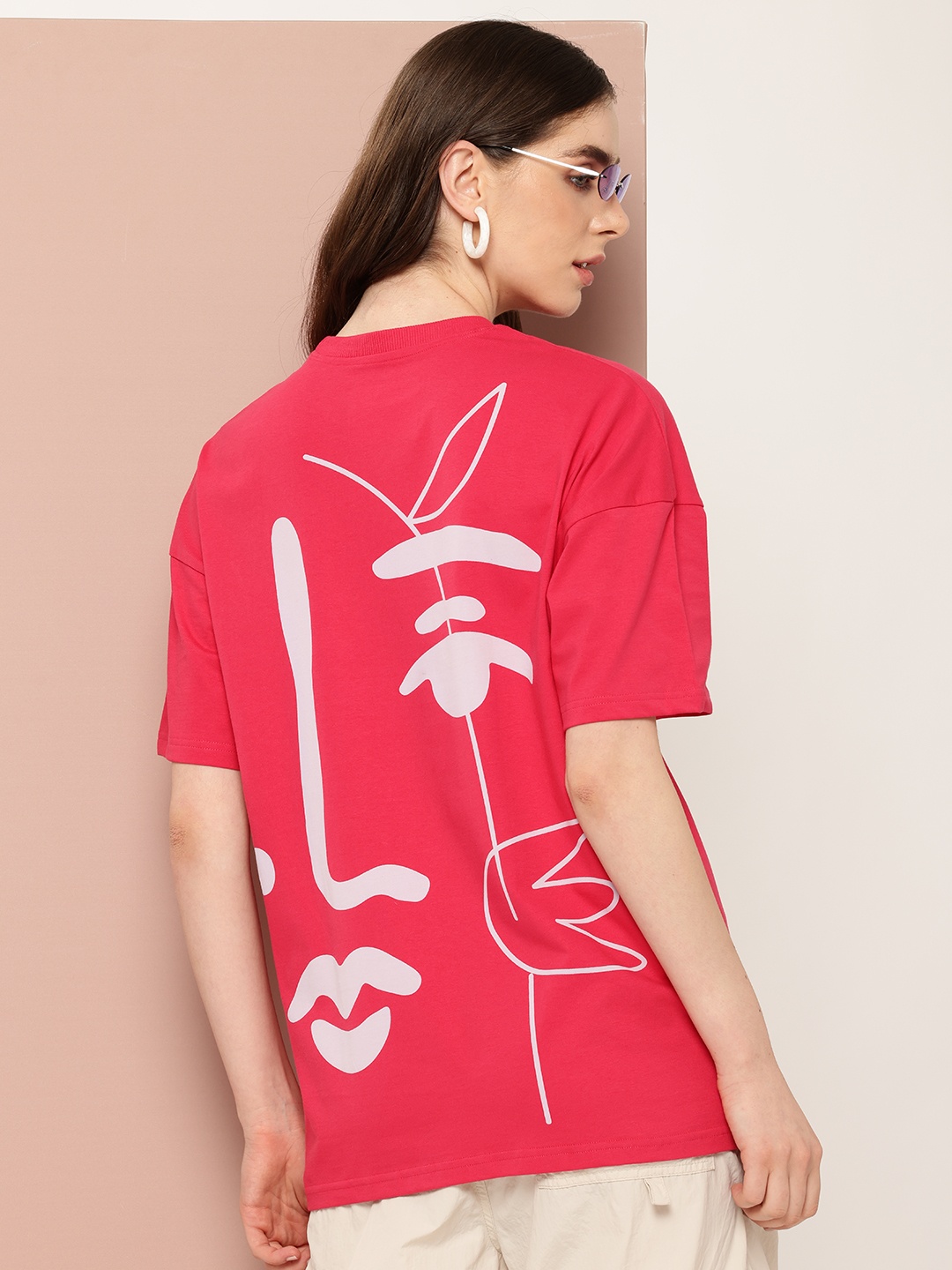 

Stormborn Printed Drop-Shoulder Sleeves Oversized Pure Cotton T-shirt, Pink
