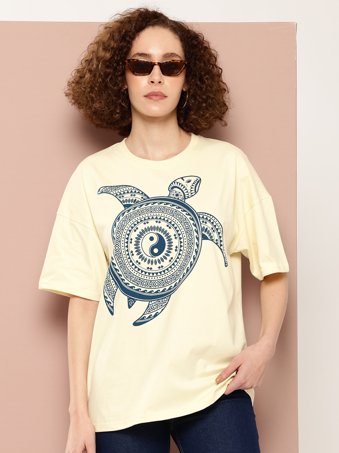 

Stormborn Women Oversized Printed Drop-Shoulder Sleeves Pure Cotton T-shirt, Beige