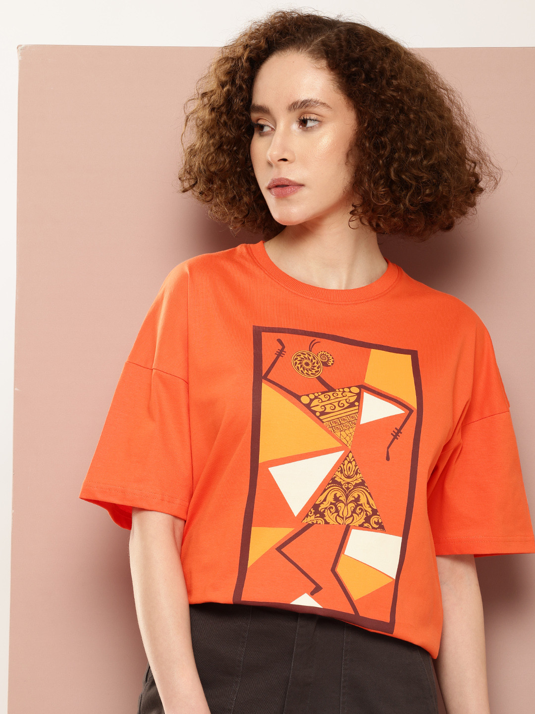

Stormborn Women Oversized Printed Drop-Shoulder Sleeves Pure Cotton T-shirt, Orange