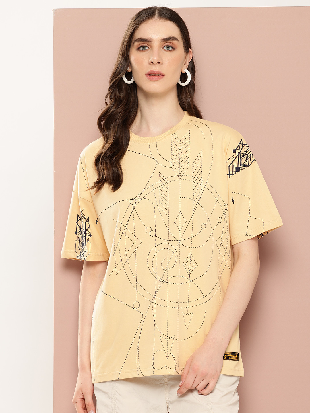 

Stormborn Women Oversized Printed Drop-Shoulder Sleeves Pure Cotton T-shirt, Beige