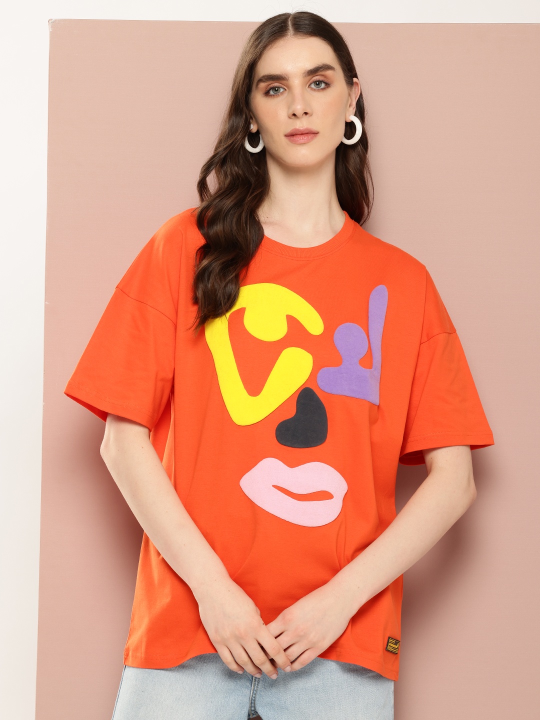 

Stormborn Women Oversized Printed Drop-Shoulder Sleeves Pure Cotton T-shirt, Orange