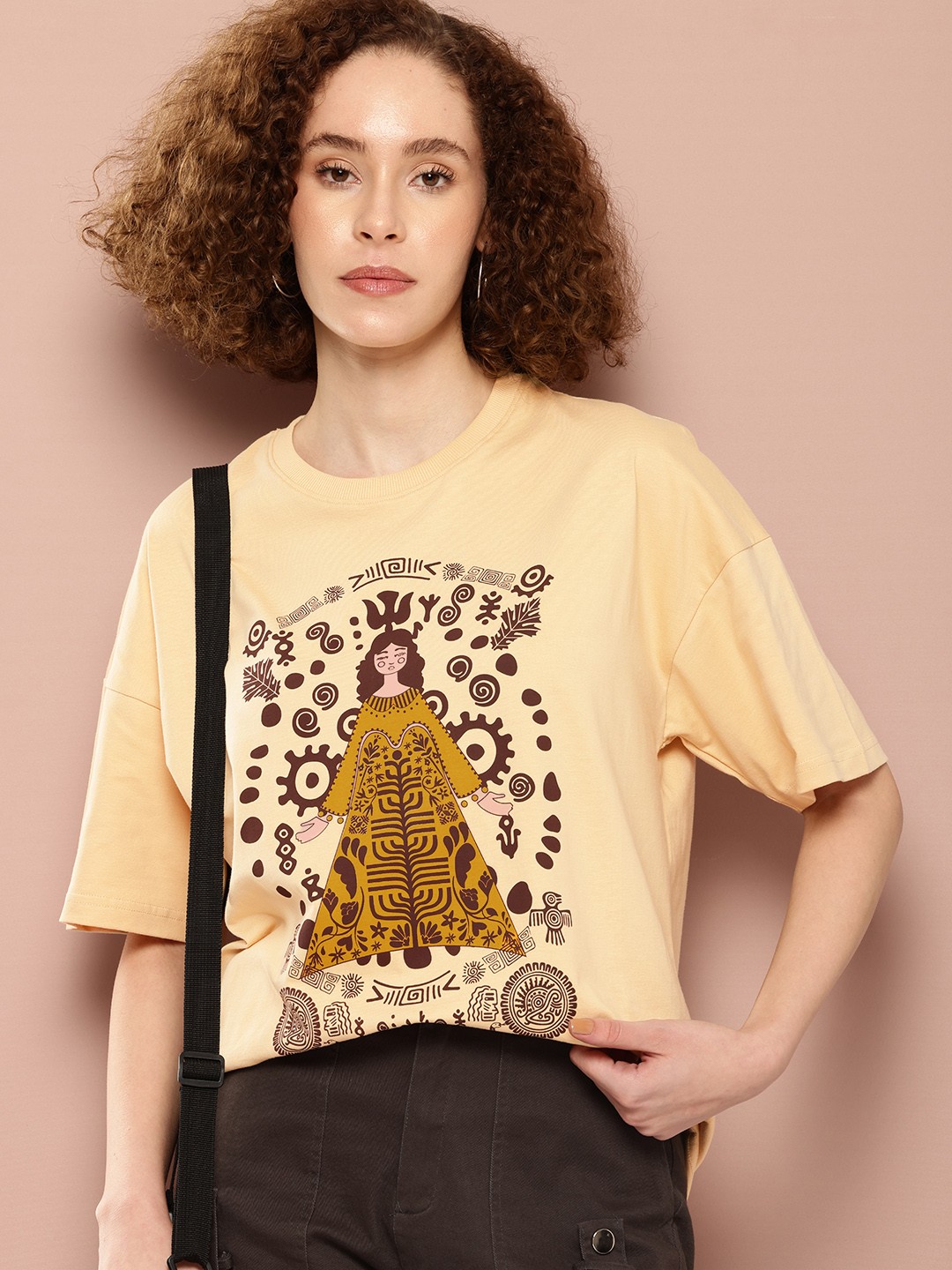 

Stormborn Printed Drop-Shoulder Sleeves Oversized Pure Cotton T-shirt, Beige