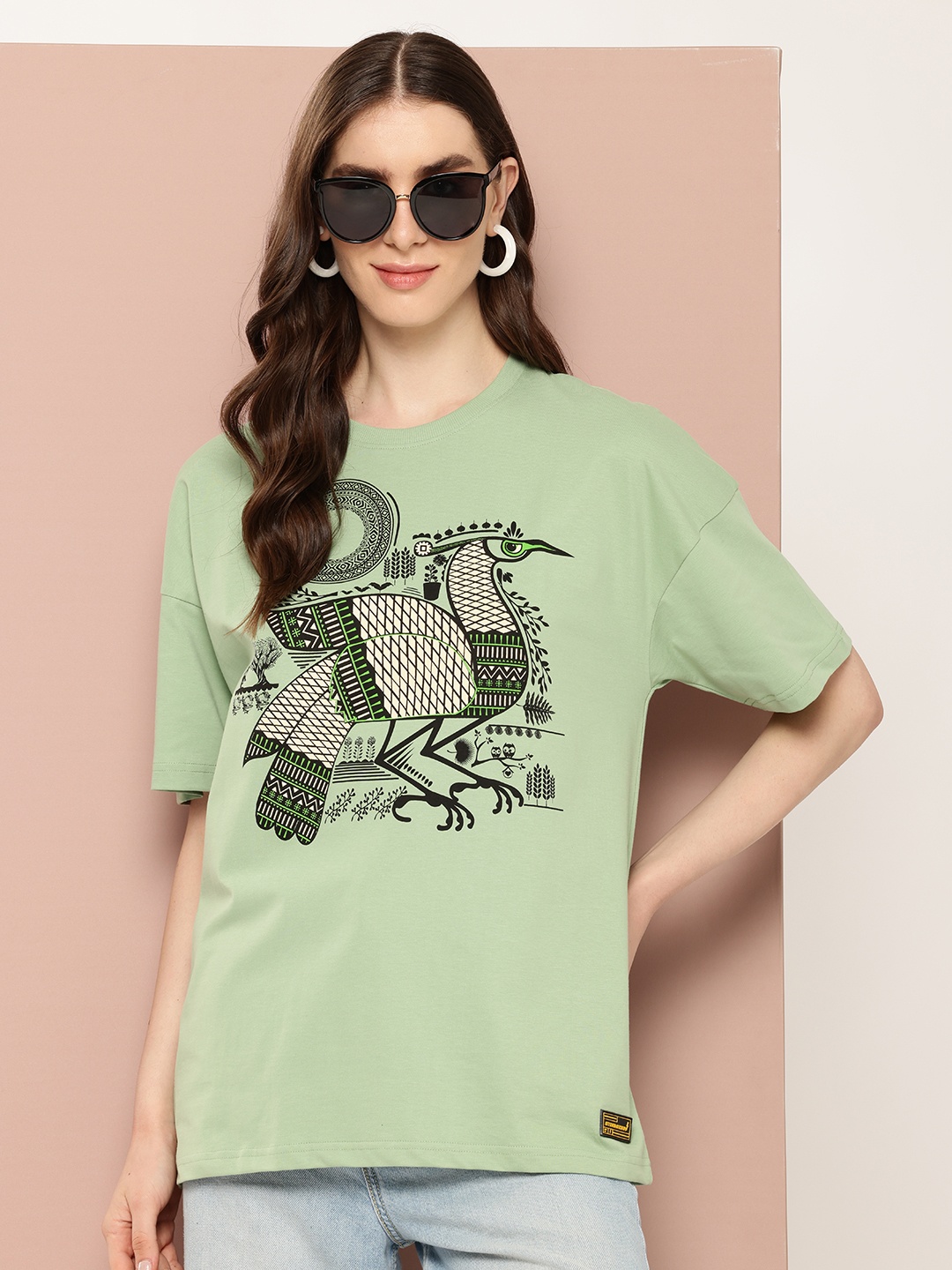

Stormborn Printed Drop-Shoulder Sleeves Oversized Pure Cotton T-shirt, Green