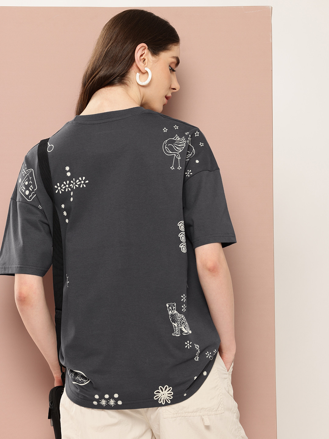 

Stormborn Women Oversized Printed Drop-Shoulder Sleeves Pure Cotton T-shirt, Grey